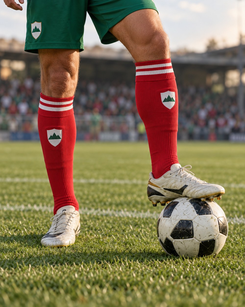 Football player wearing green and red club kit with a fictional crest on knee-high socks