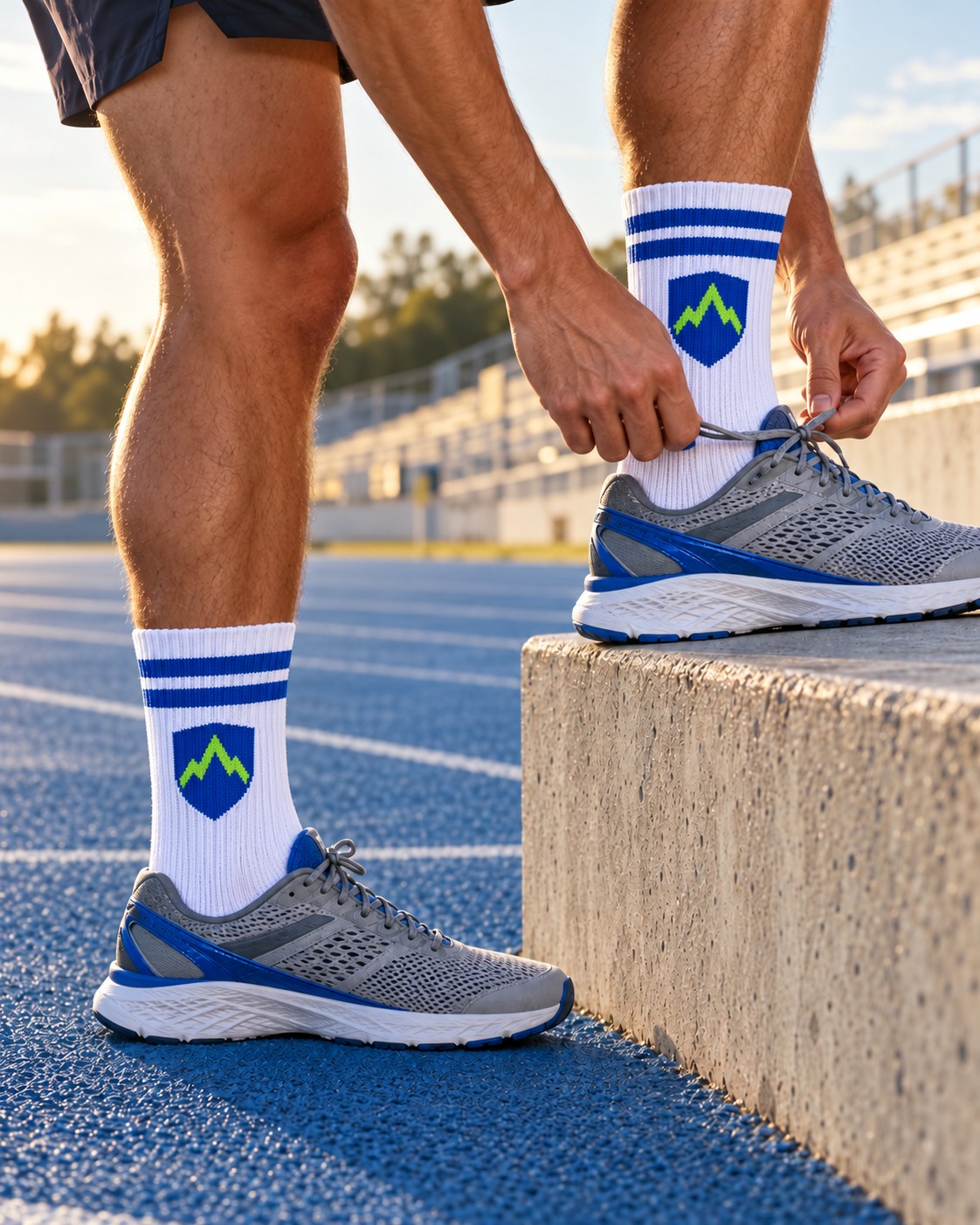 Runner wearing solid ribbed white sports crew socks with a blue and lime knitted shield logo